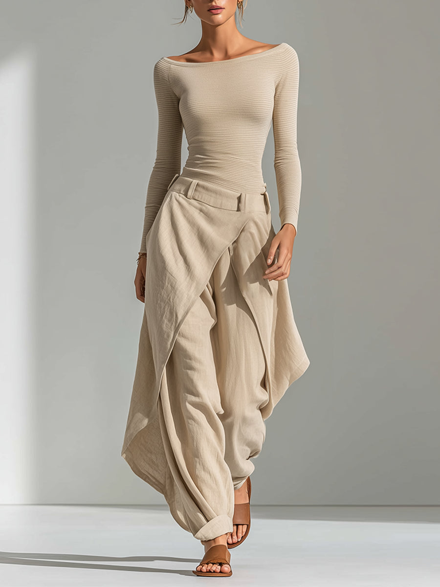Romy | Beige Set with Boat Neck Top & Wide-Leg Pants