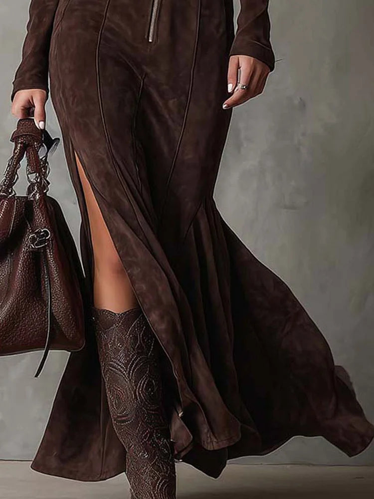 Claudia – Long Brown Dress with Belt