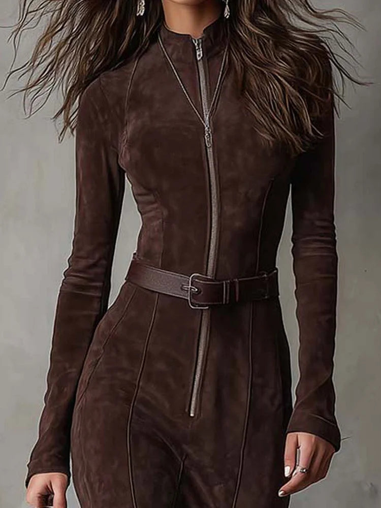 Claudia – Long Brown Dress with Belt